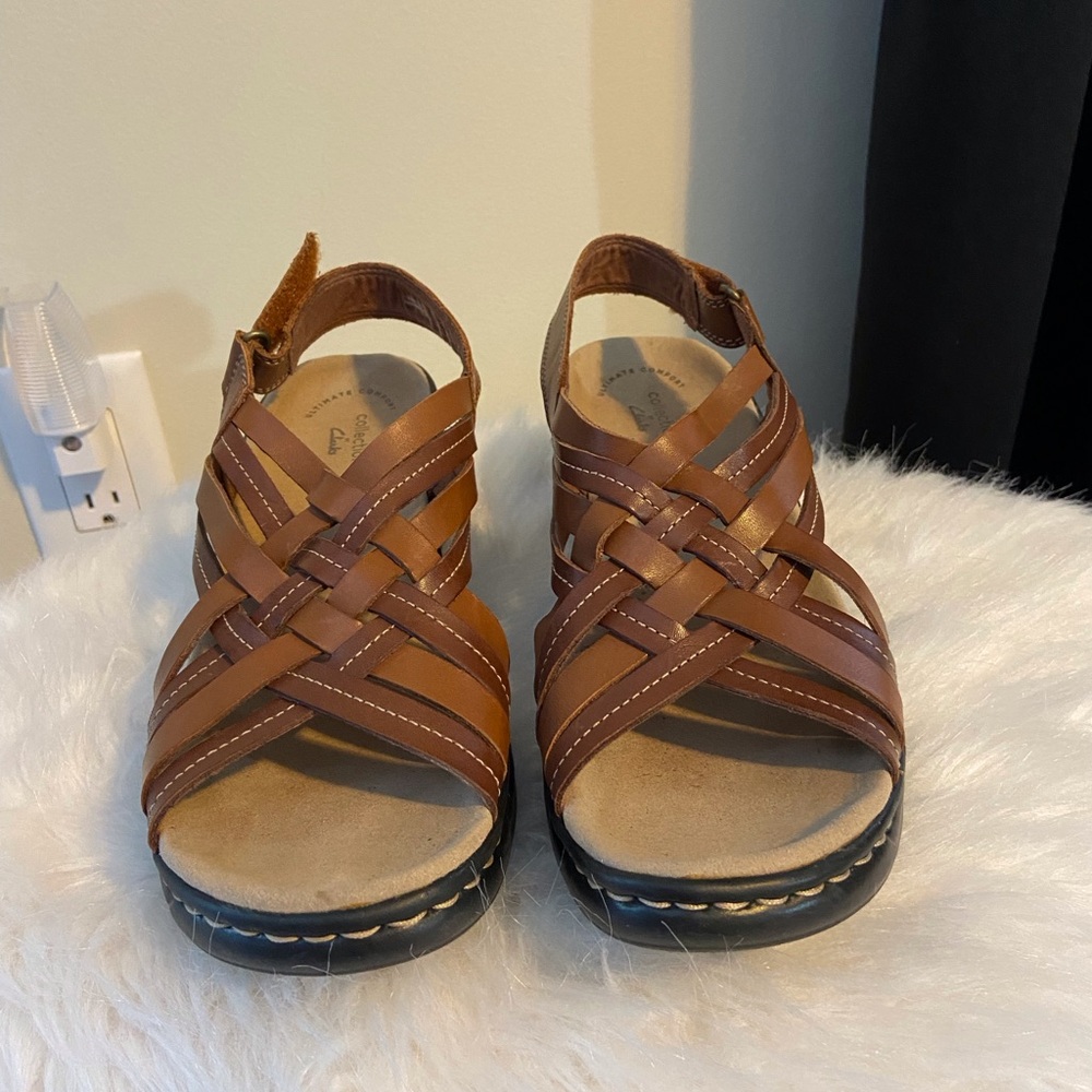 Clark’s Womens Leather Comfort Sandals Slingback Heels Brown 9.5M